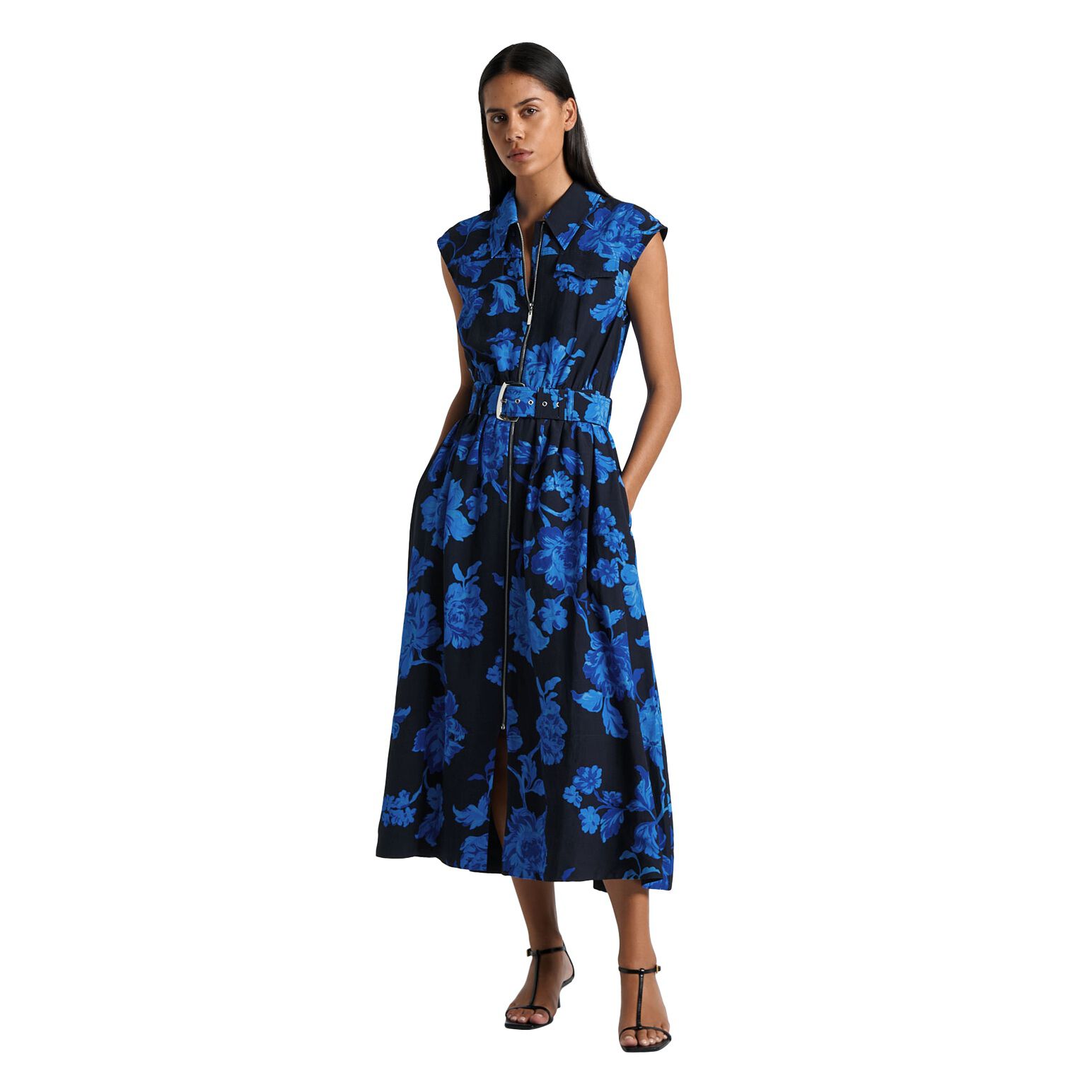 Cue Blue Camellia Zip Front Midi Dress Ballantynes Department Store